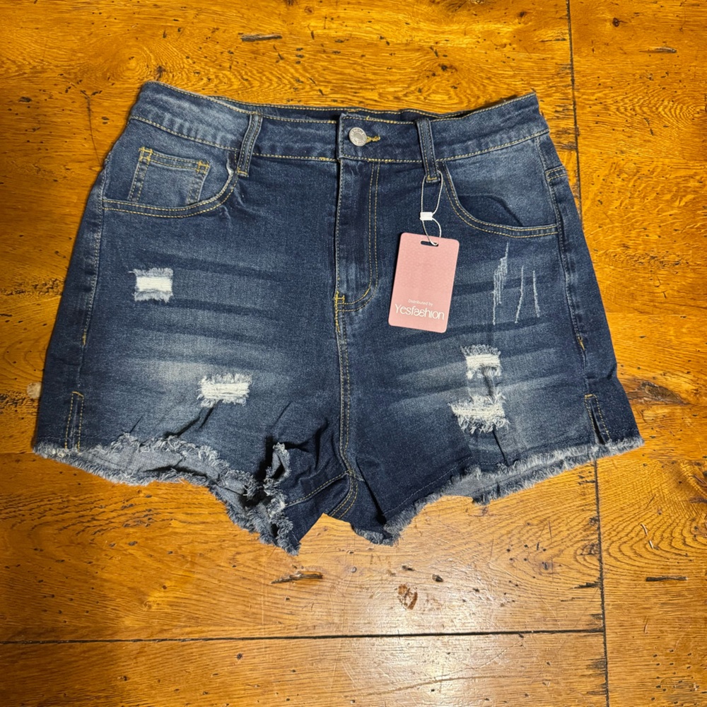 High-Rise Distressed Denim Shorts - Dark Blue